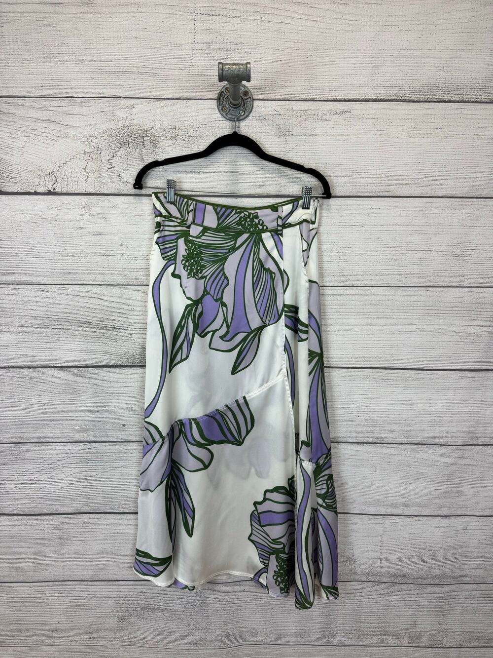Karen Millen Women's Satin Ivory Purple Floral Faux Wrap Midi Skirt Size 6